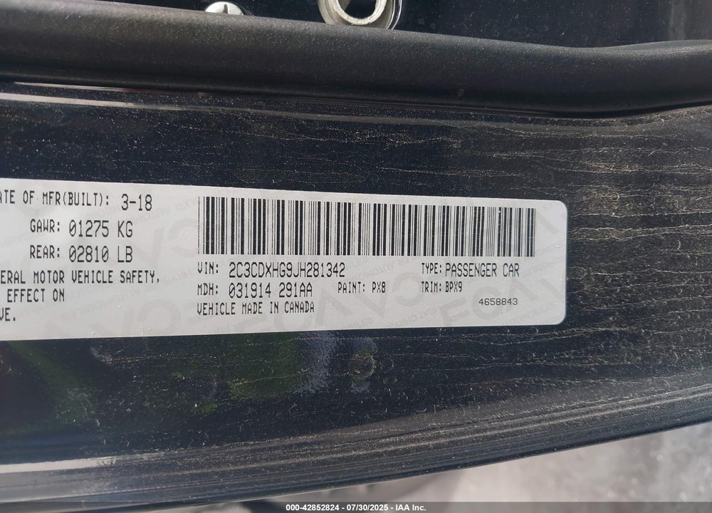 2018 DODGE CHARGER VIN: 2C3CDXHG9JH281342