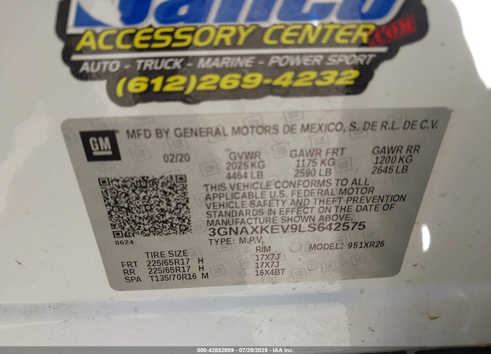 2020 CHEVROLET EQUINOX VIN: 3GNAXKEV9LS642575