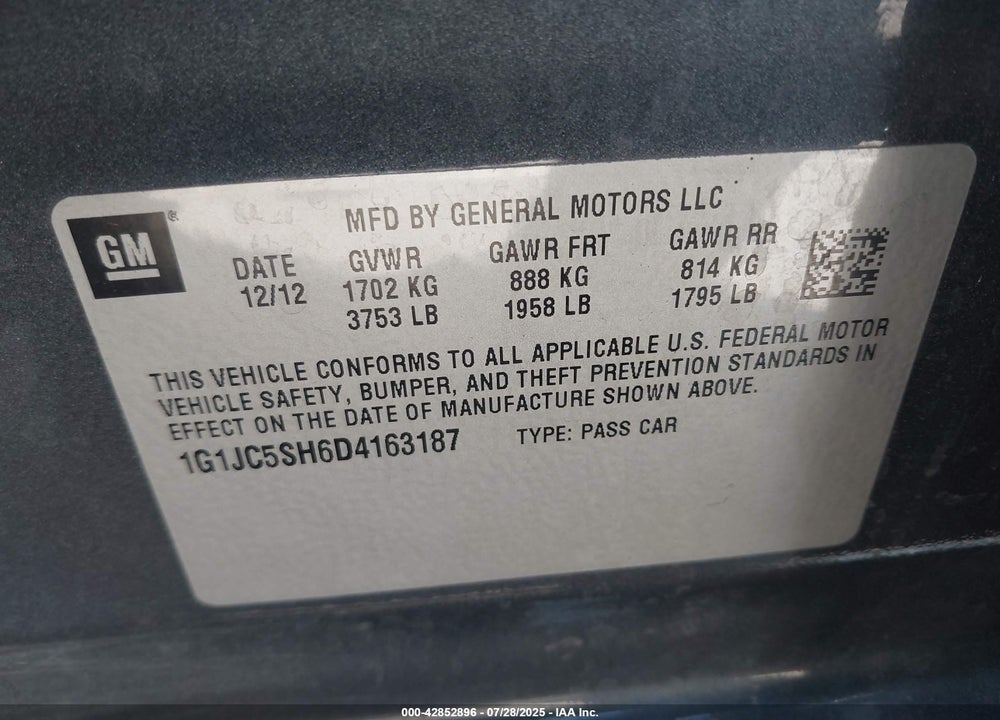 2013 CHEVROLET SONIC LT AUTO VIN: 1G1JC5SH6D4163187