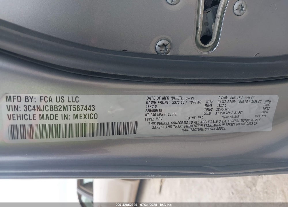2021 JEEP COMPASS VIN: 3C4NJCBB2MT587443