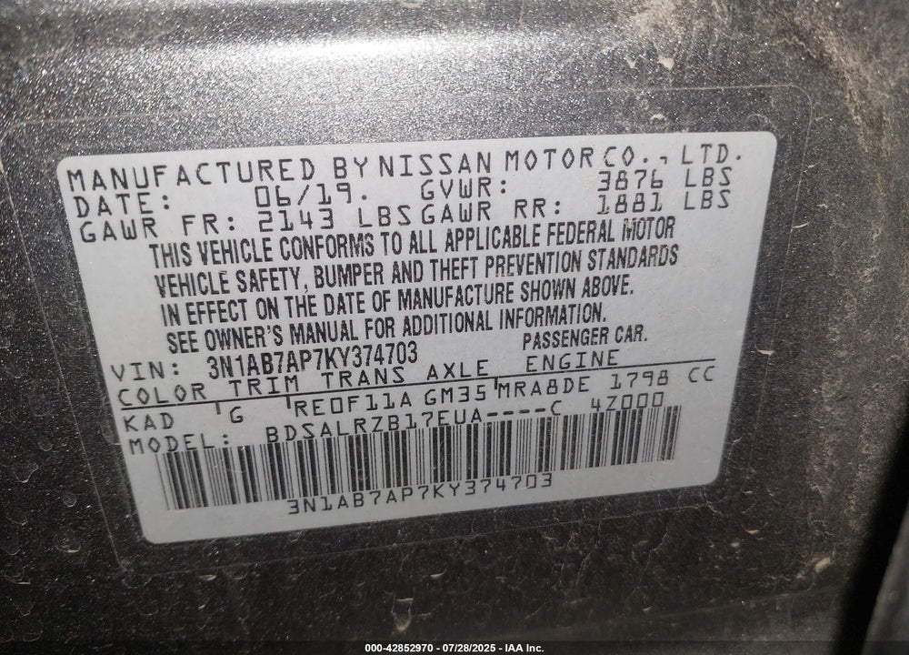 2019 NISSAN SENTRA SR VIN: 3N1AB7AP7KY374703