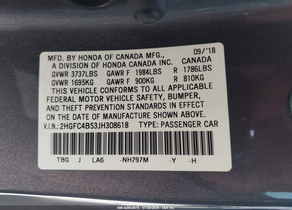 2018 HONDA CIVIC LX VIN: 2HGFC4B53JH308618