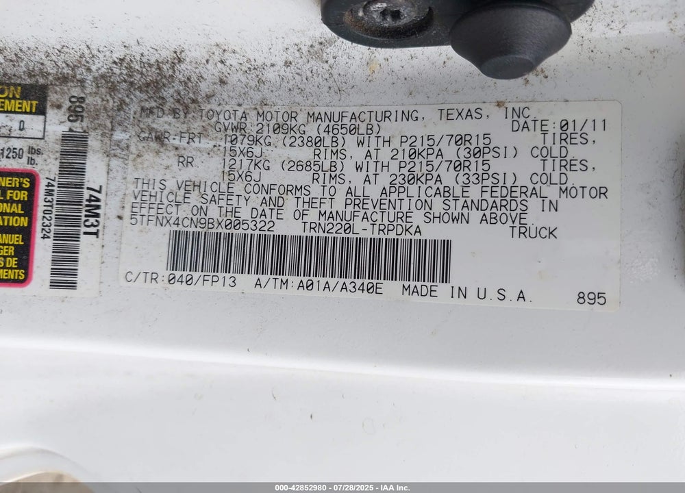 2011 TOYOTA TACOMA VIN: 5TFNX4CN9BX005322