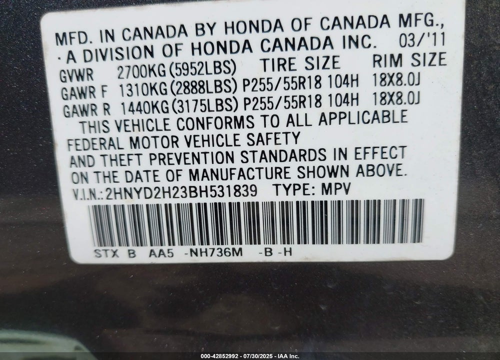 2011 ACURA MDX VIN: 2HNYD2H23BH531839