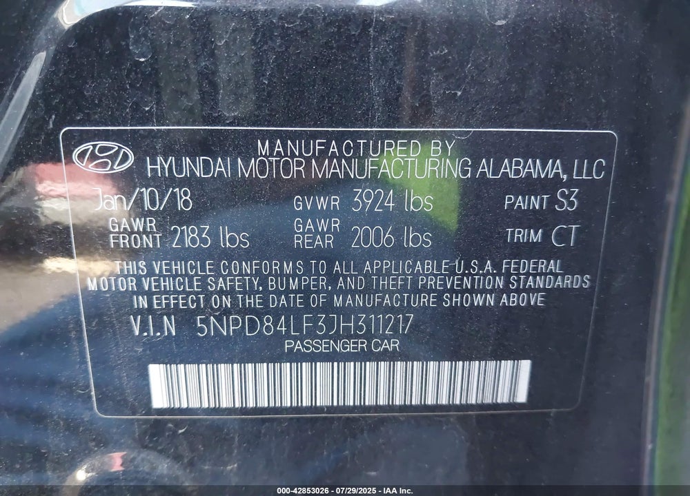 2018 HYUNDAI ELANTRA VIN: 5NPD84LF3JH311217