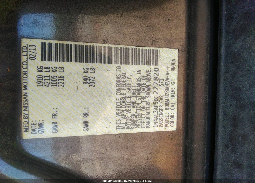 2013 NISSAN ALTIMA VIN: 1N4AL3AP5DC227820