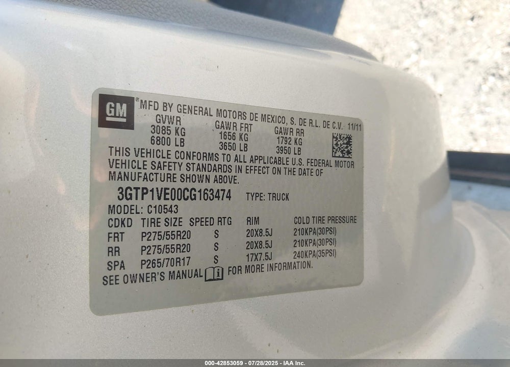 2012 GMC SIERRA 1500 VIN: 3GTP1VE00CG163474