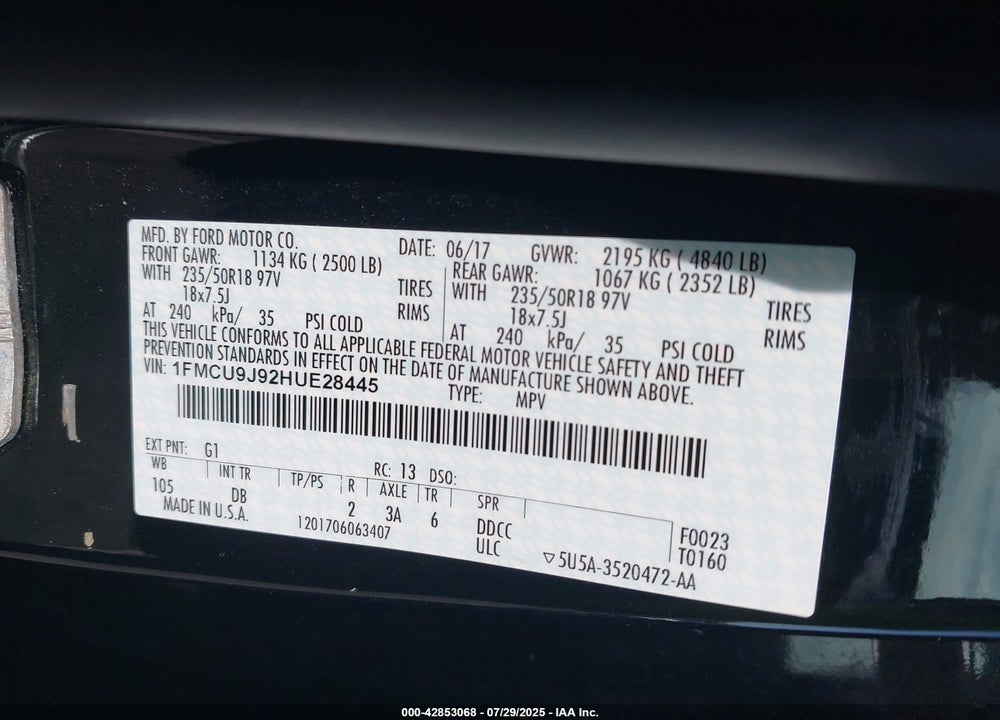 2017 FORD ESCAPE VIN: 1FMCU9J92HUE28445