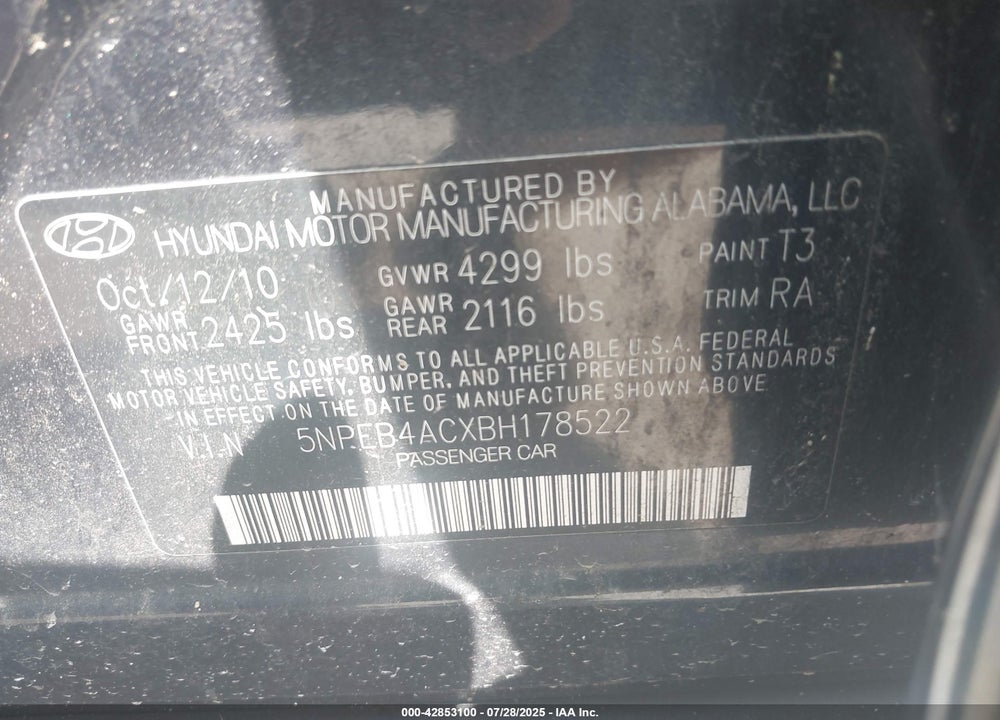 2011 HYUNDAI SONATA VIN: 5NPEB4ACXBH178522