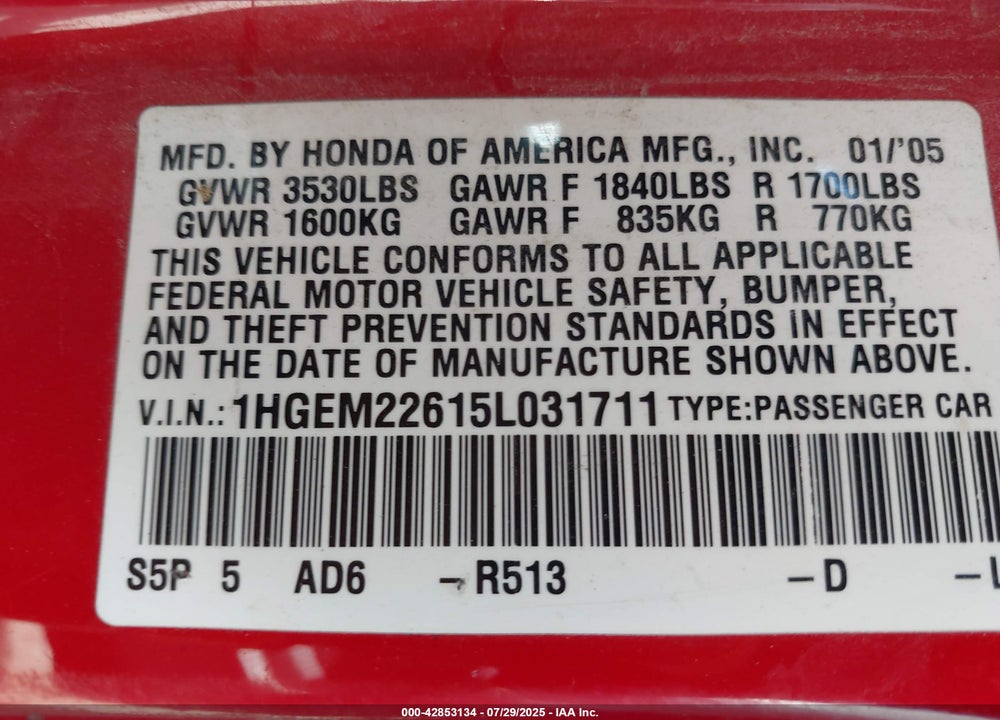 2005 HONDA CIVIC LX VIN: 1HGEM22615L031711