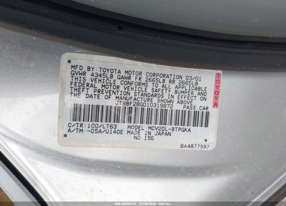 2001 LEXUS ES 300 VIN: JT8BF28G010319872