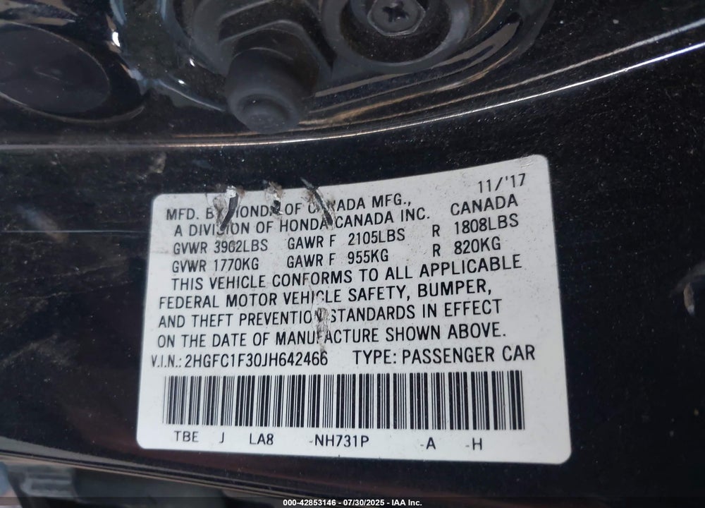 2018 HONDA CIVIC EX-T VIN: 2HGFC1F30JH642466
