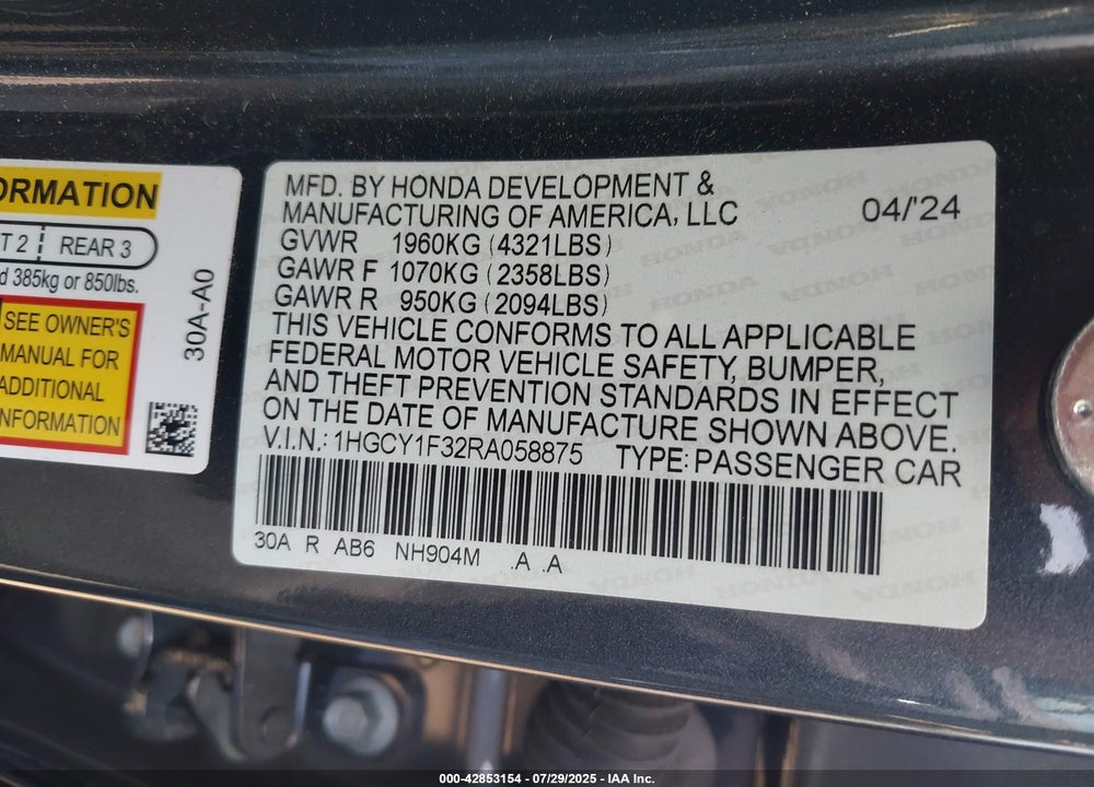 2024 HONDA ACCORD VIN: 1HGCY1F32RA058875