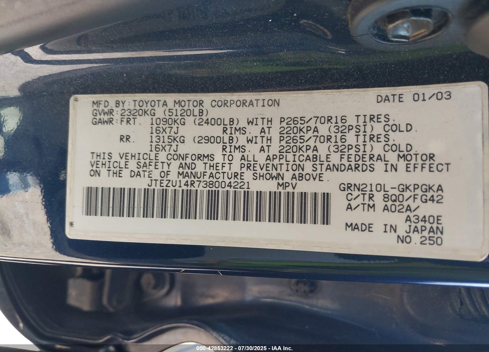 2003 TOYOTA 4RUNNER SR5 V6 VIN: JTEZU14R738004221