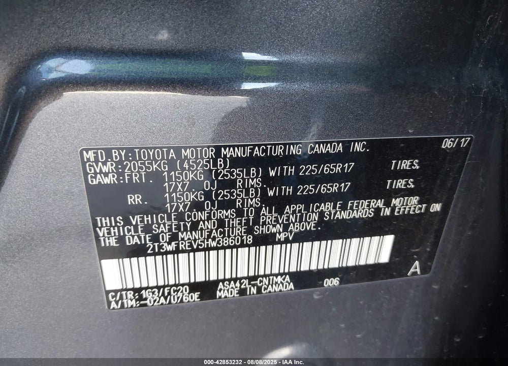 2017 TOYOTA RAV4 XLE VIN: 2T3WFREV5HW386018