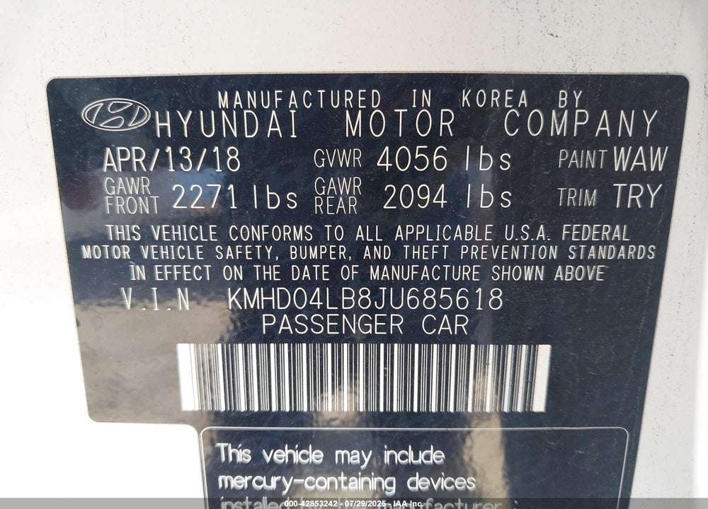 2018 HYUNDAI ELANTRA VIN: KMHD04LB8JU685618