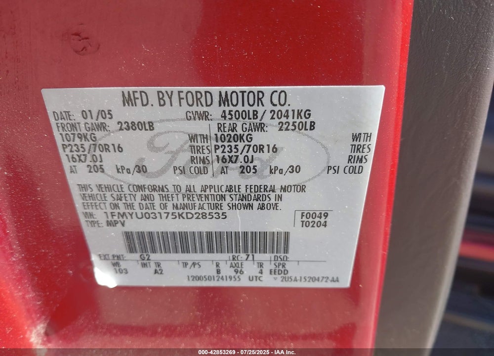 2005 FORD ESCAPE VIN: 1FMYU03175KD28535