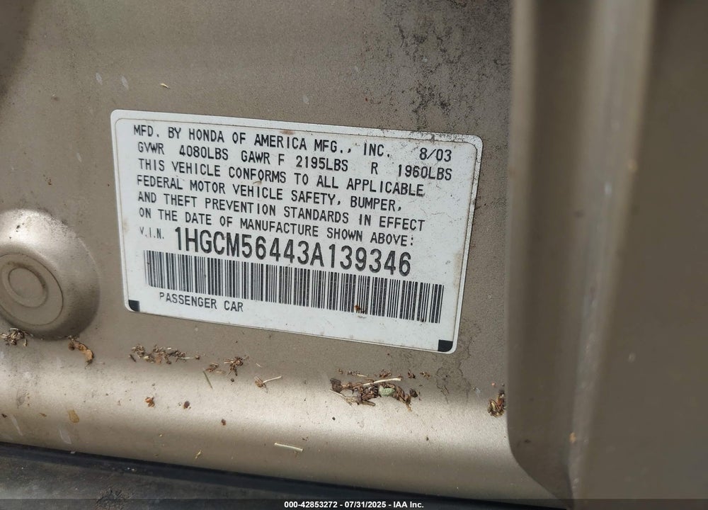 2003 HONDA ACCORD 2.4 LX VIN: 1HGCM56443A139346