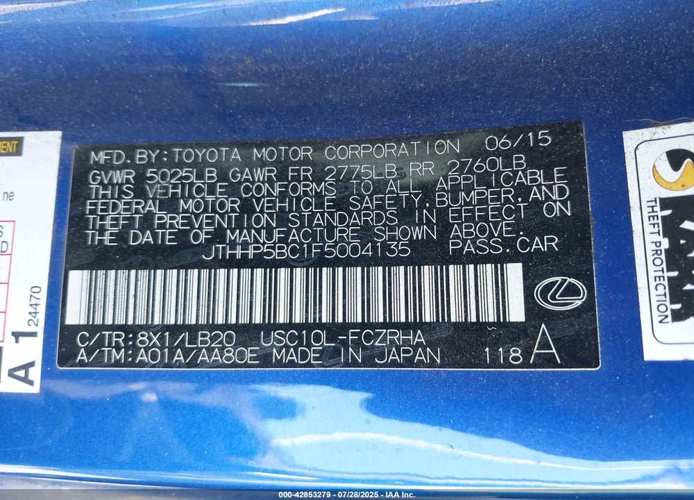 2015 LEXUS RC-F VIN: JTHHP5BC1F5004135