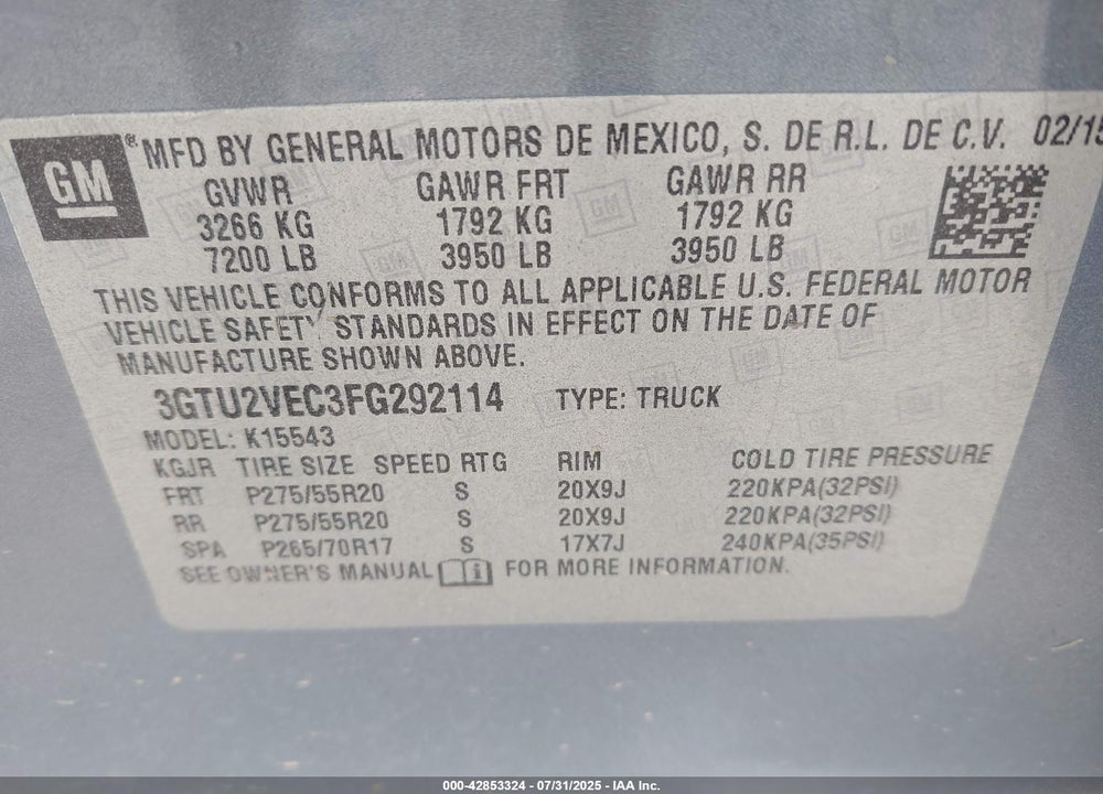 2015 GMC SIERRA 1500 VIN: 3GTU2VEC3FG292114
