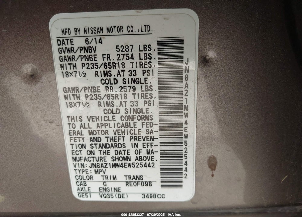 2014 NISSAN MURANO VIN: JN8AZ1MW4EW525442