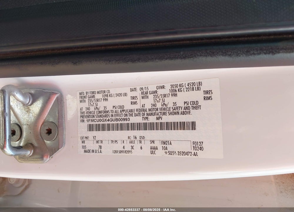 2016 FORD ESCAPE VIN: 1FMCU0GX4GUB00993