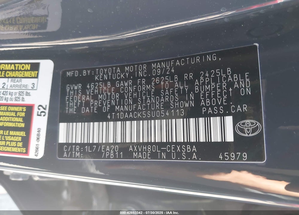2025 TOYOTA CAMRY SE VIN: 4T1DAACK5SU054113