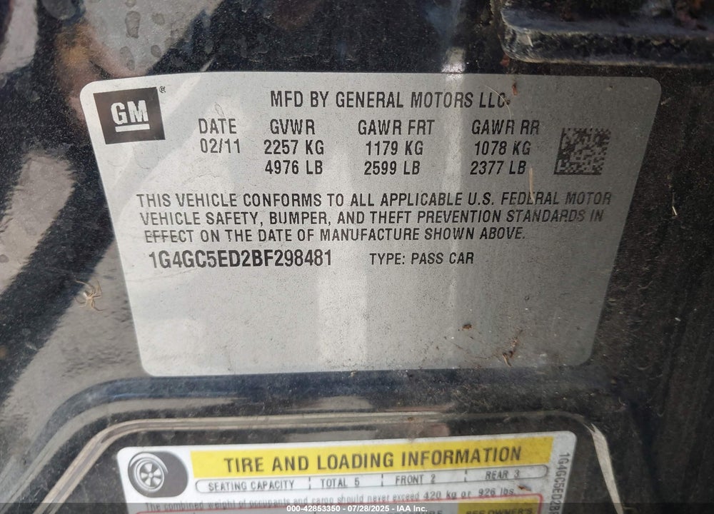 2011 BUICK LACROSSE VIN: 1G4GC5ED2BF298481