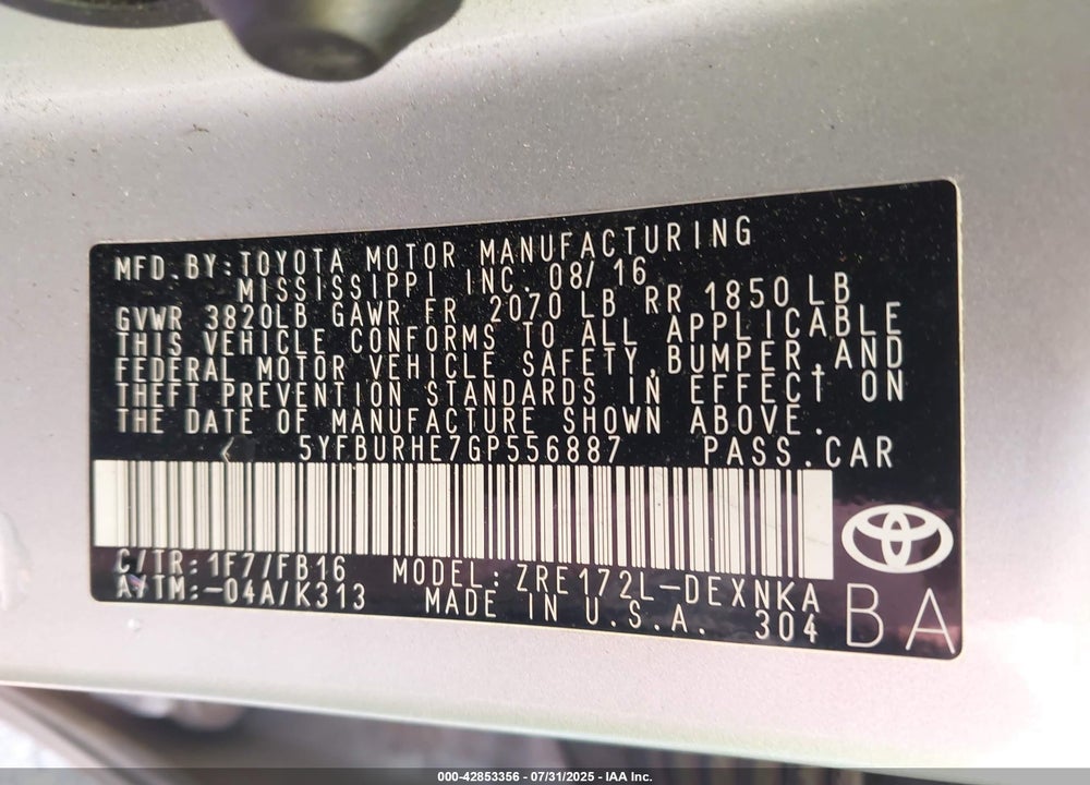 2016 TOYOTA COROLLA VIN: 5YFBURHE7GP556887