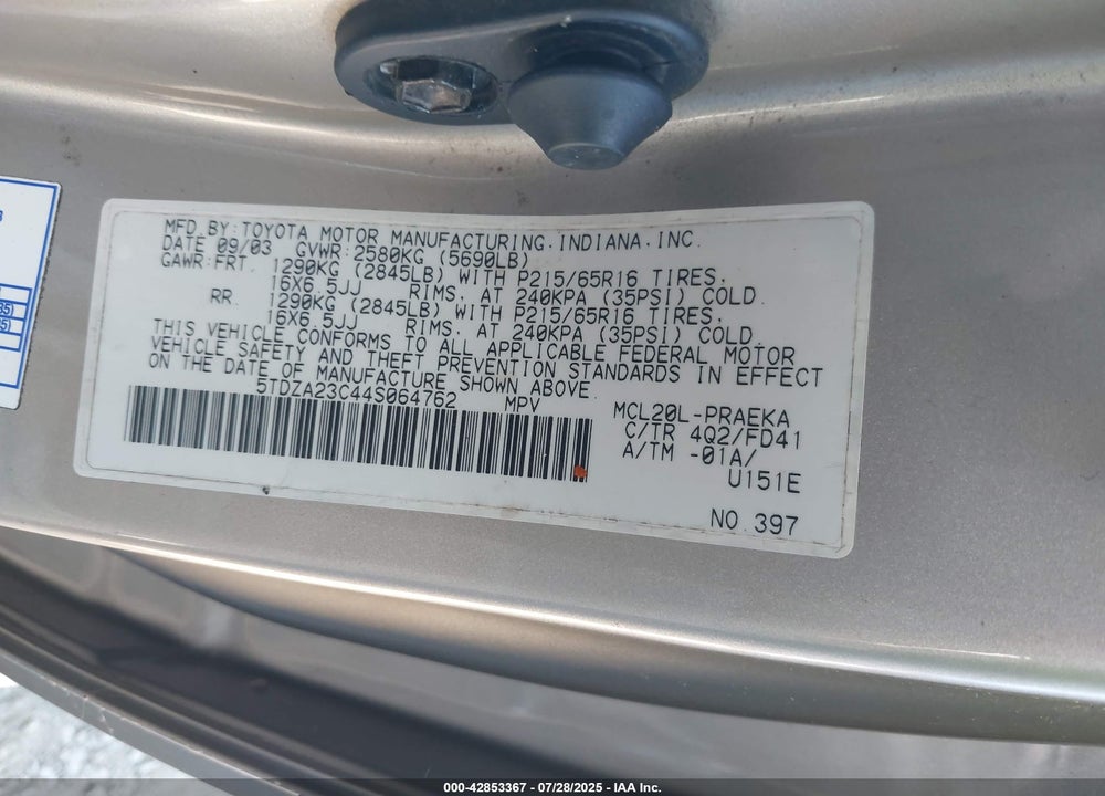2004 TOYOTA SIENNA CE VIN: 5TDZA23C44S064762