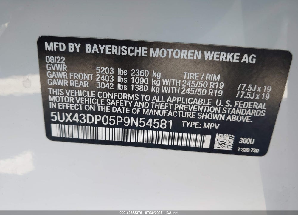 2023 BMW X3 VIN: 5UX43DP05P9N54581