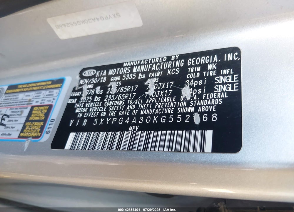 2019 KIA SORENTO VIN: 5XYPG4A30KG552668