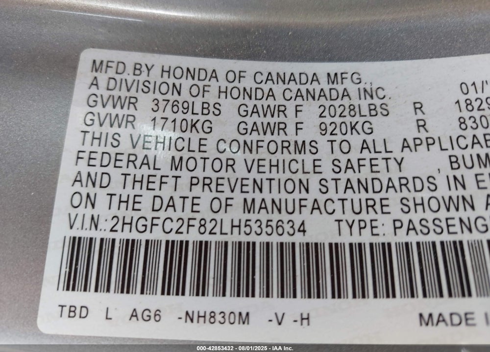 2020 HONDA CIVIC VIN: 2HGFC2F82LH535634