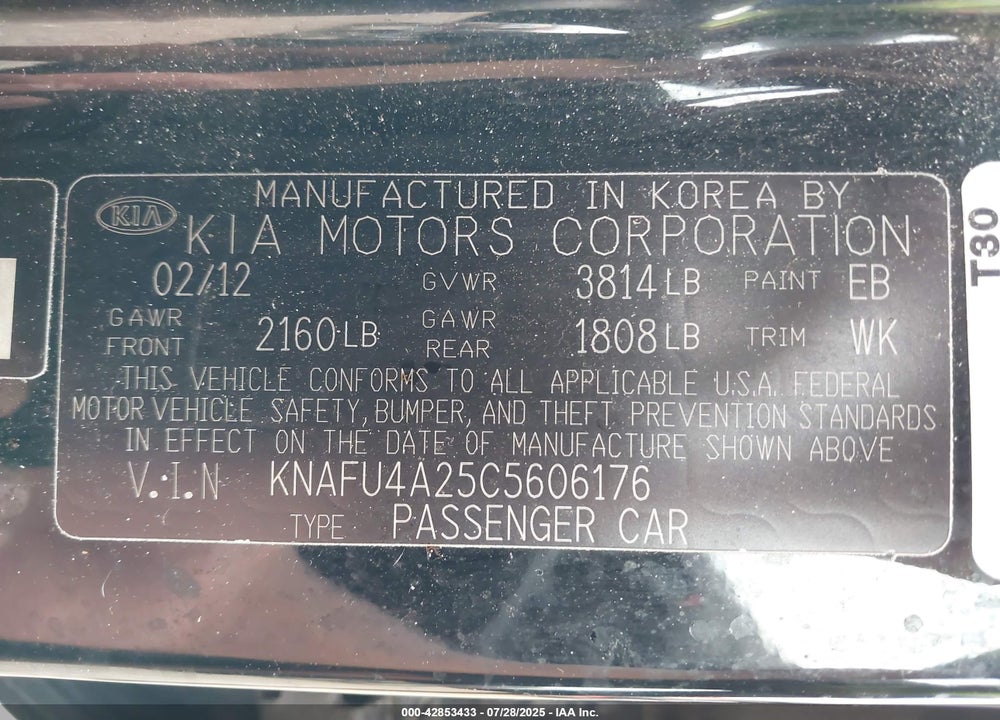 2012 KIA FORTE VIN: KNAFU4A25C5606176