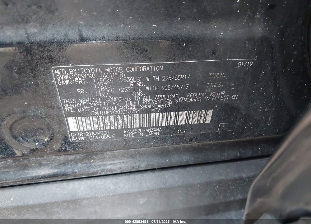 2019 TOYOTA RAV4 LE VIN: JTMH1RFV0KD013754