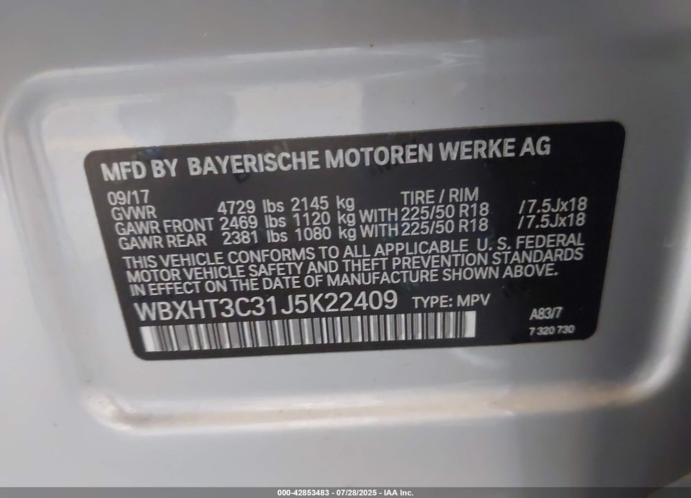 2018 BMW X1 VIN: WBXHT3C31J5K22409