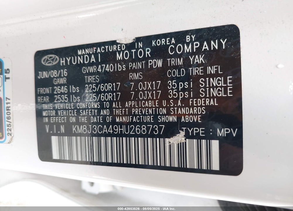 2017 HYUNDAI TUCSON VIN: KM8J3CA49HU268737