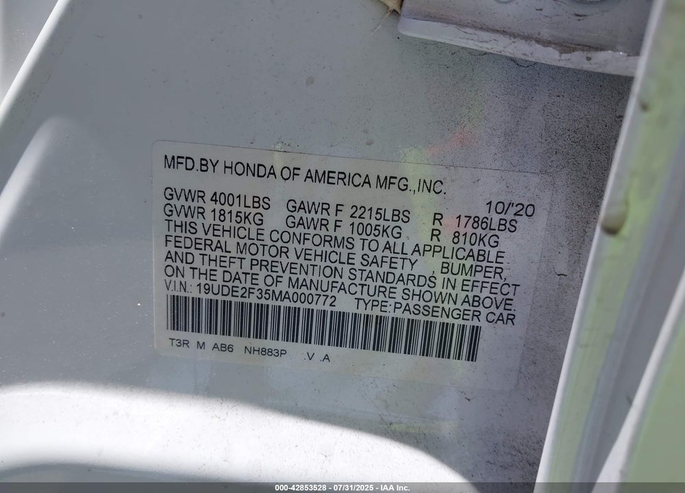 2021 ACURA ILX VIN: 19UDE2F35MA000772