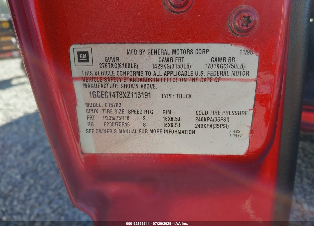 1999 CHEVROLET SILVERADO 1500 LS VIN: 1GCEC14T8XZ113191