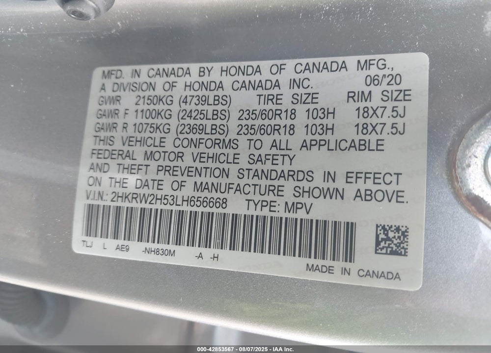 2020 HONDA CR-V AWD EX VIN: 2HKRW2H53LH656668