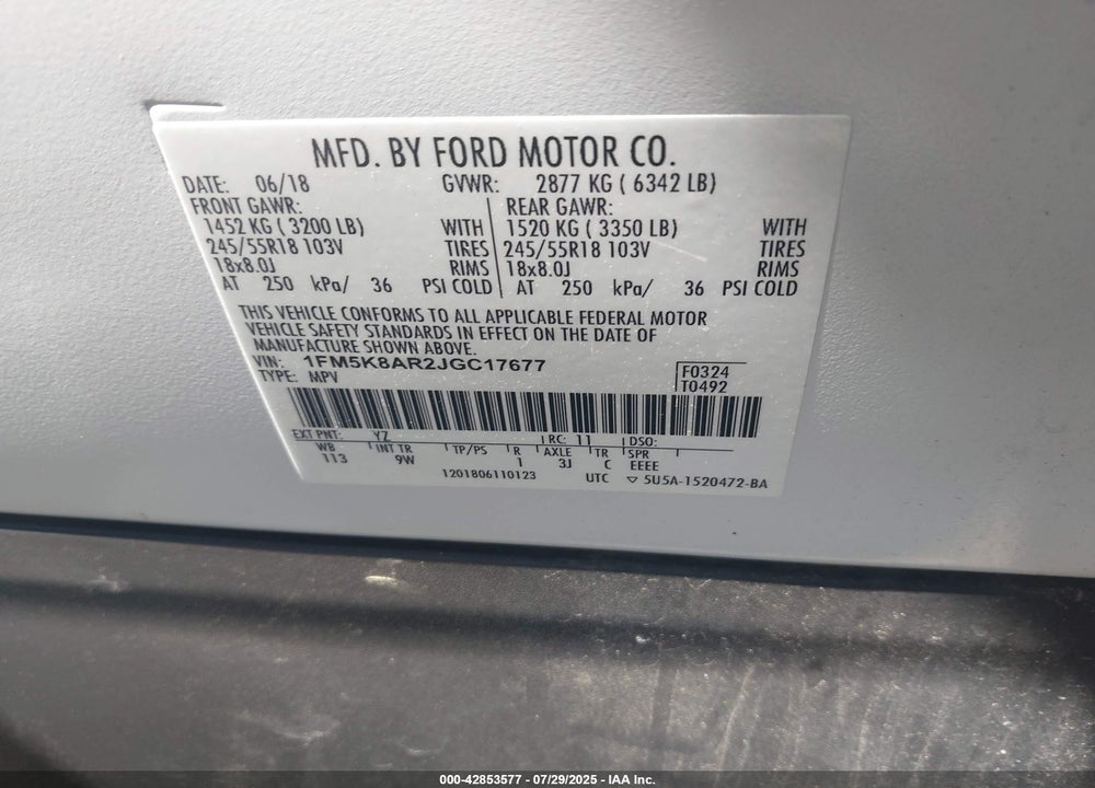 2018 FORD POLICE INTERCEPTOR UTILITY VIN: 1FM5K8AR2JGC17677