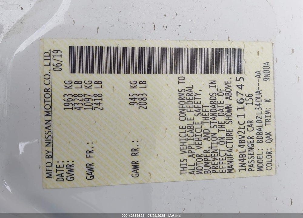 2020 NISSAN ALTIMA VIN: 1N4BL4BV2LC116745