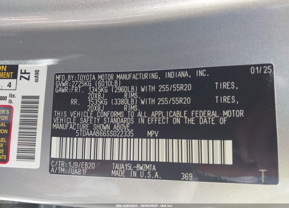 2025 LEXUS TX 350 PREMIUM VIN: 5TDAAAB66SS022335