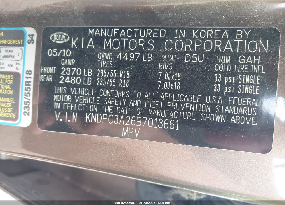 2011 KIA SPORTAGE VIN: KNDPC3A26B7013661