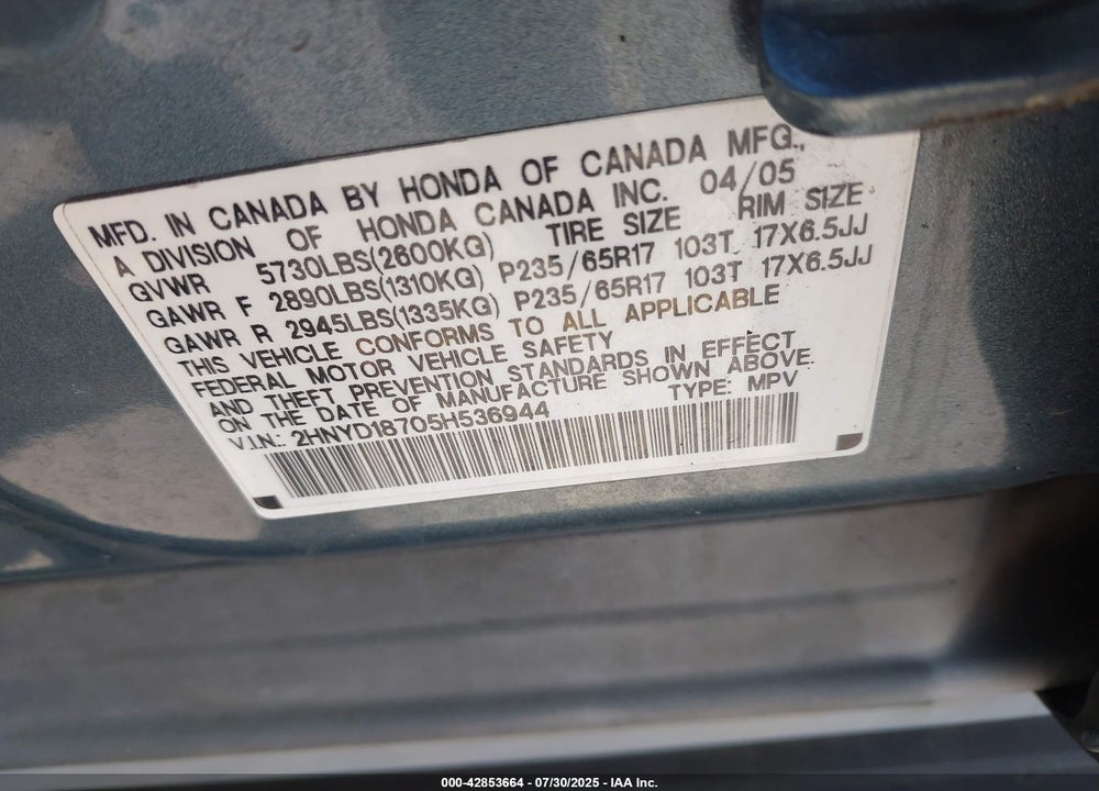 2005 ACURA MDX VIN: 2HNYD18705H536944