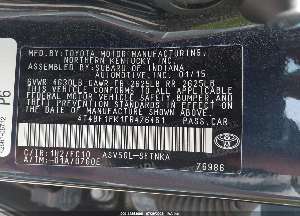 2015 TOYOTA CAMRY VIN: 4T4BF1FK1FR476461