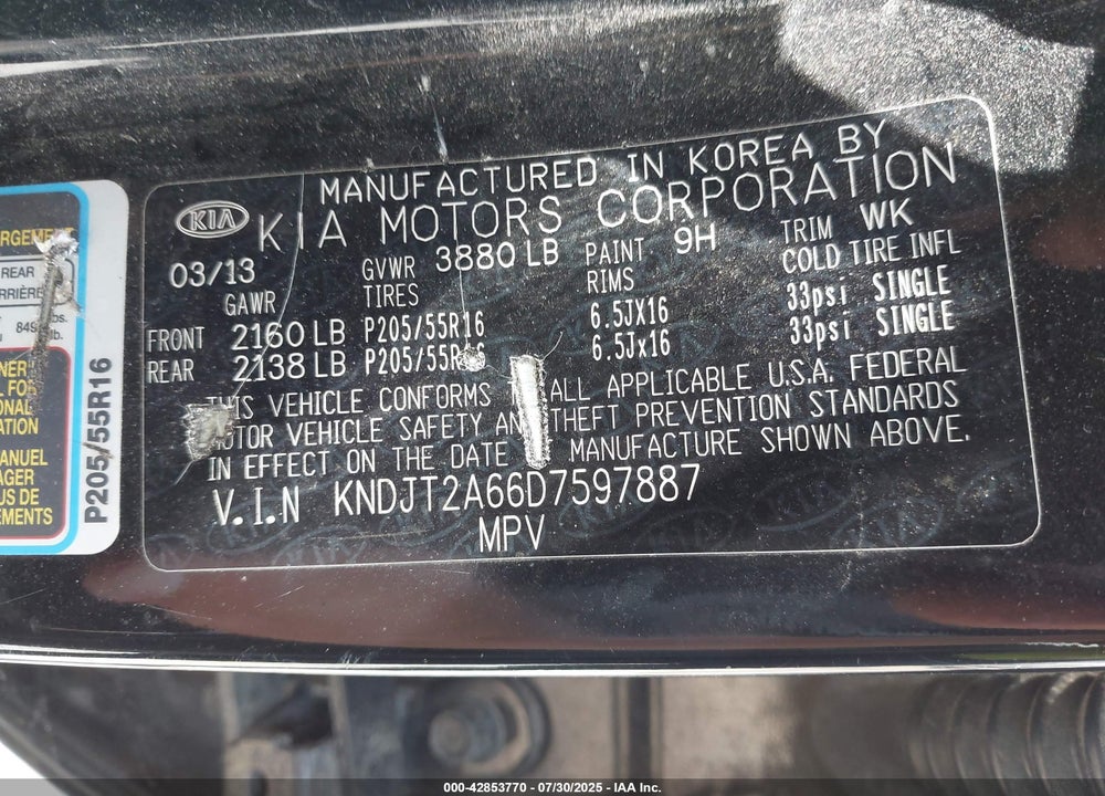 2013 KIA SOUL VIN: KNDJT2A66D7597887