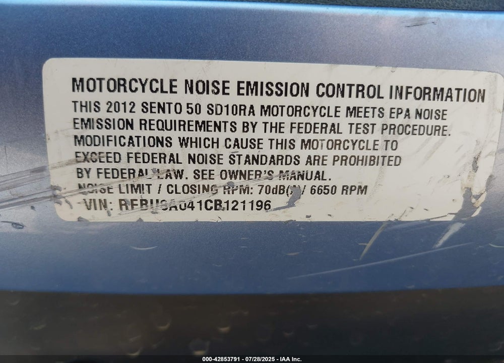 2012 KYMCO USA INC SENTO 50 VIN: RFBU8A041CB121196
