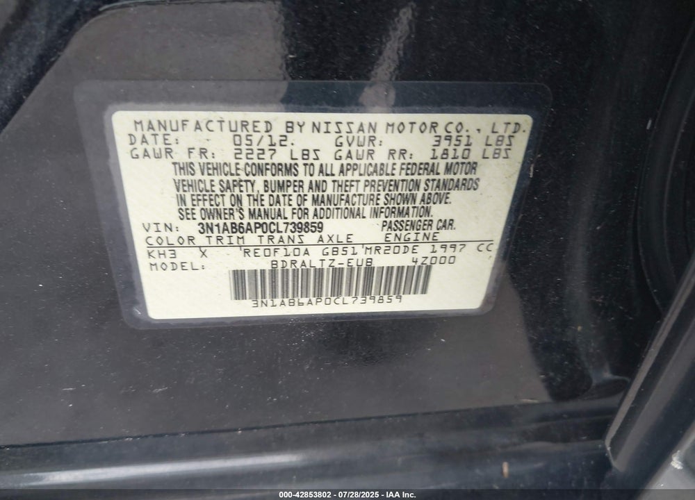 2012 NISSAN SENTRA VIN: 3N1AB6AP0CL739859
