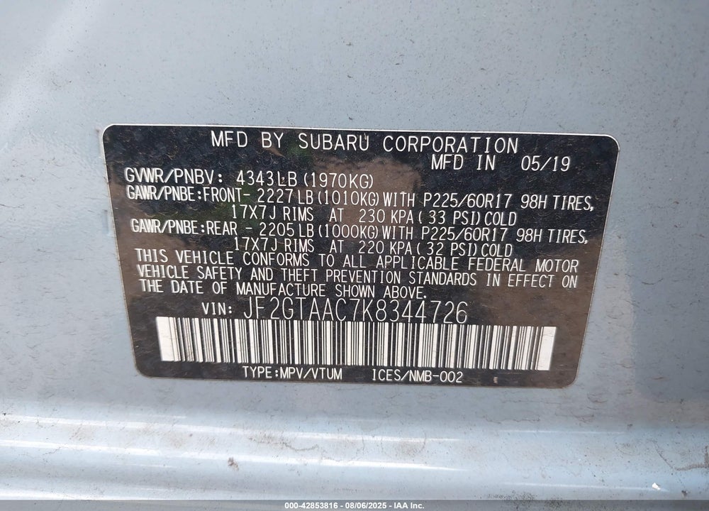 2019 SUBARU CROSSTREK VIN: JF2GTAAC7K8344726
